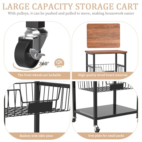 5-Tier Rolling Kitchen Storage Cart with Baskets and Wood Top J8765