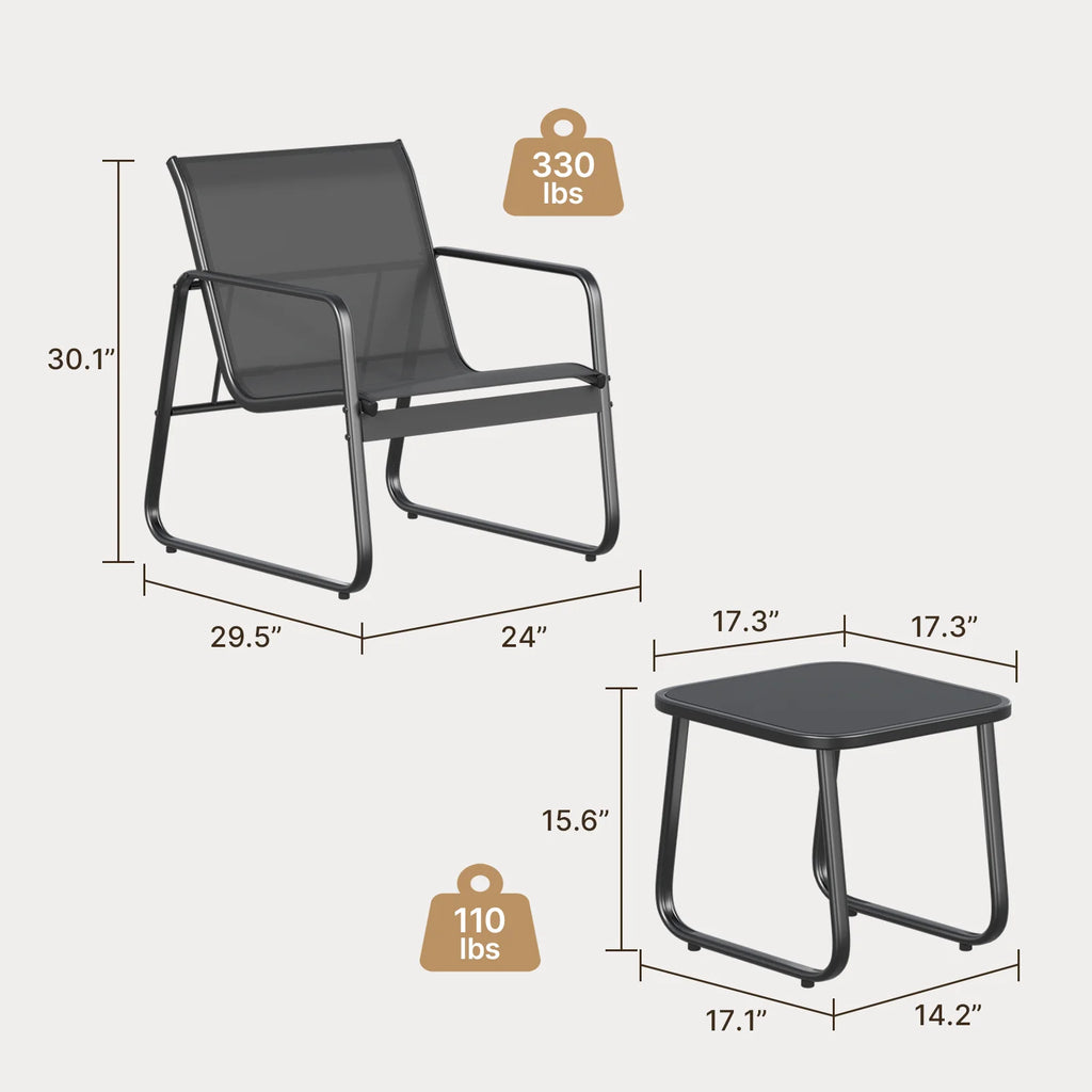 Patio Chairs Set with Glass Coffee Table and Gray Cushion B7215