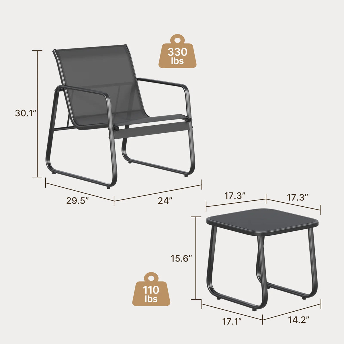 Patio Chairs Set with Glass Coffee Table and Gray Cushion B7215