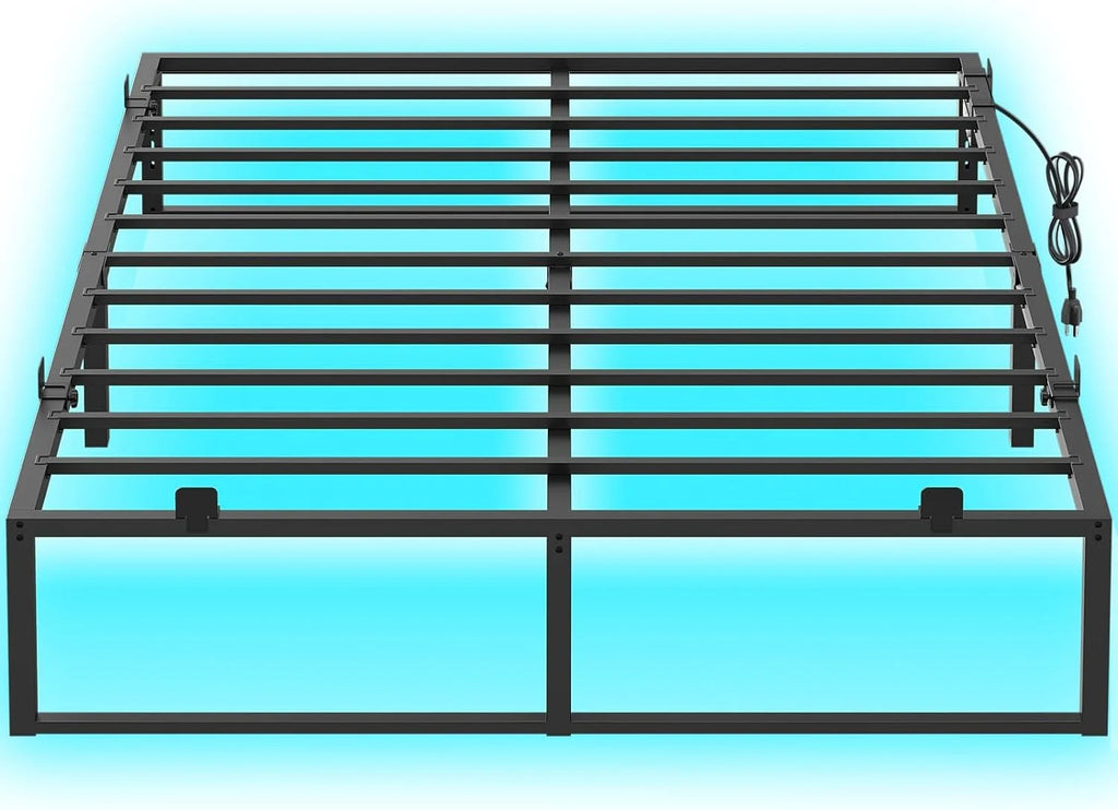14 Inch Queen Size Metal Platform Bed Frame with Charging Station and LED Lights U4870
