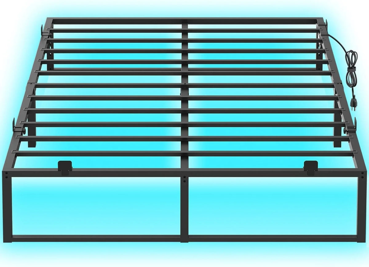 14 Inch Queen Size Metal Platform Bed Frame with Charging Station and LED Lights U4870