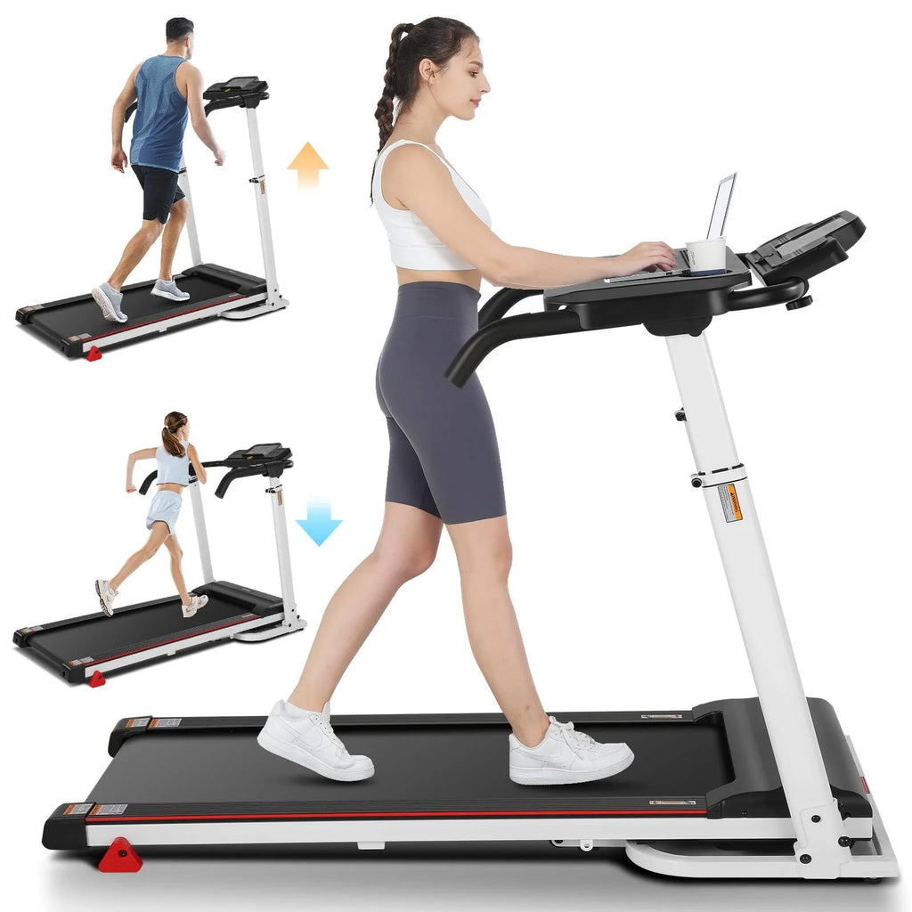 Folding Treadmill with Removable Desk, Adjustable Height, 300lb Weight Capacity, White Y455