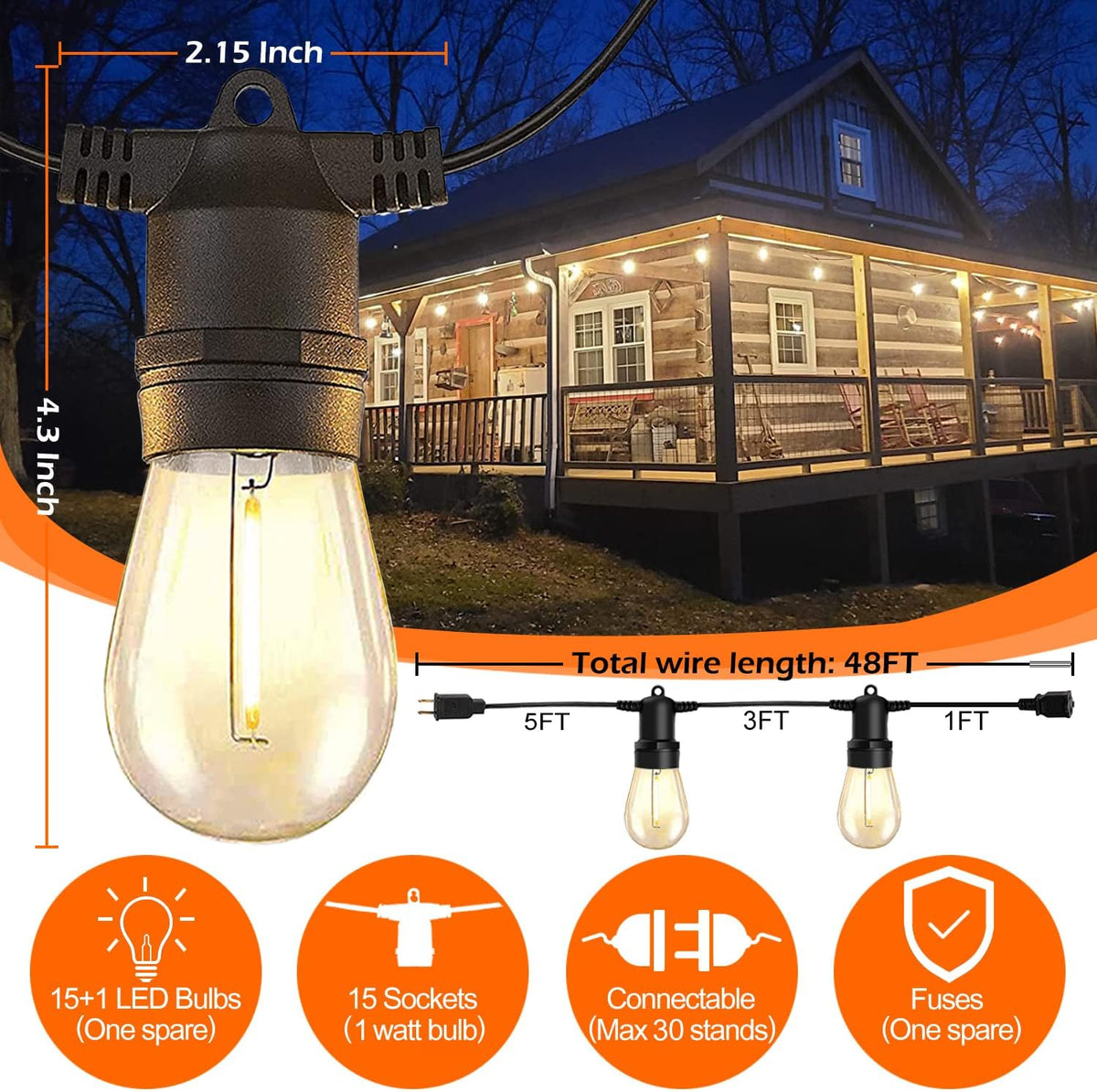 2-Pack 48FT Dimmable Shatterproof Waterproof Outdoor String Lights E312530