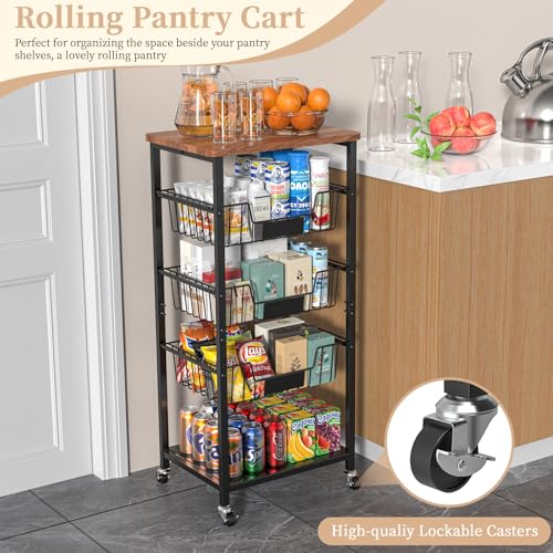5-Tier Rolling Kitchen Storage Cart with Baskets and Wood Top J8765