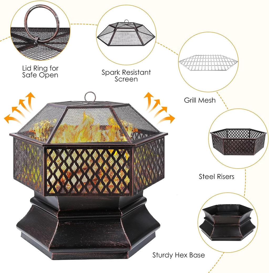 28'' Hex Shaped Steel Wood Burning Fire Pit with Spark Screen & Fire Poker A40958