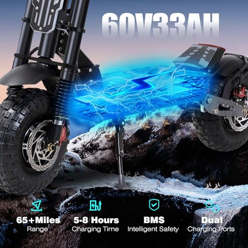 Electric Scooter 7000W Brushless Motor 60V 33Ah Li-Ion Battery 13" All Terrain Tires Full Suspension Adjustable Handlebar Height with Seat I6297