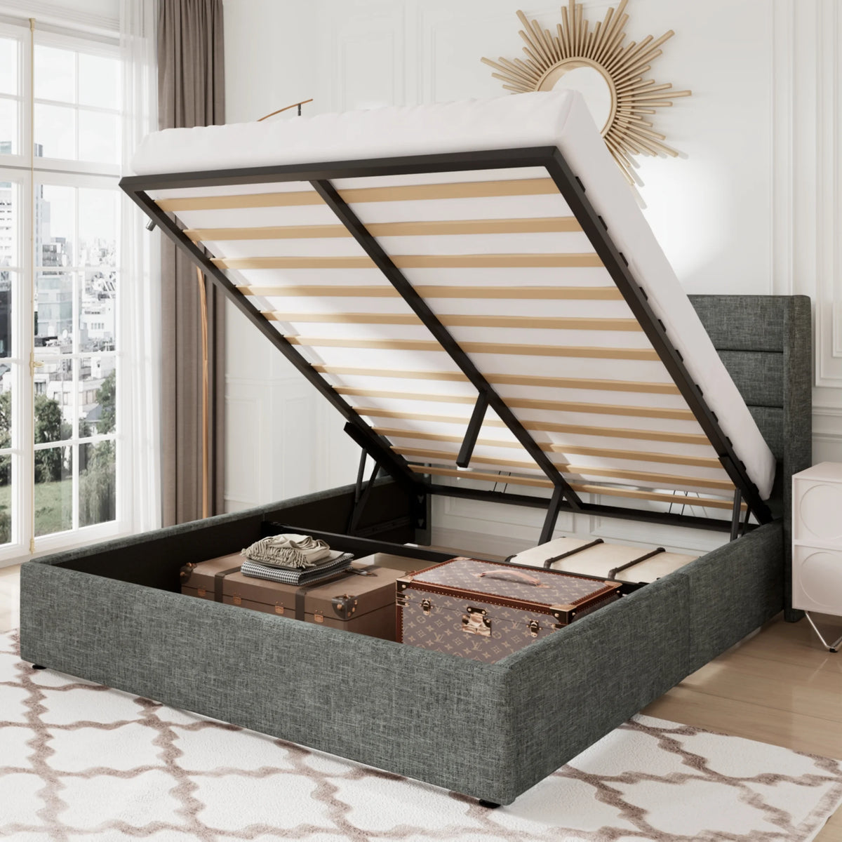 Queen Size Lift Up Storage Bed Frame with Wingback Headboard D6581