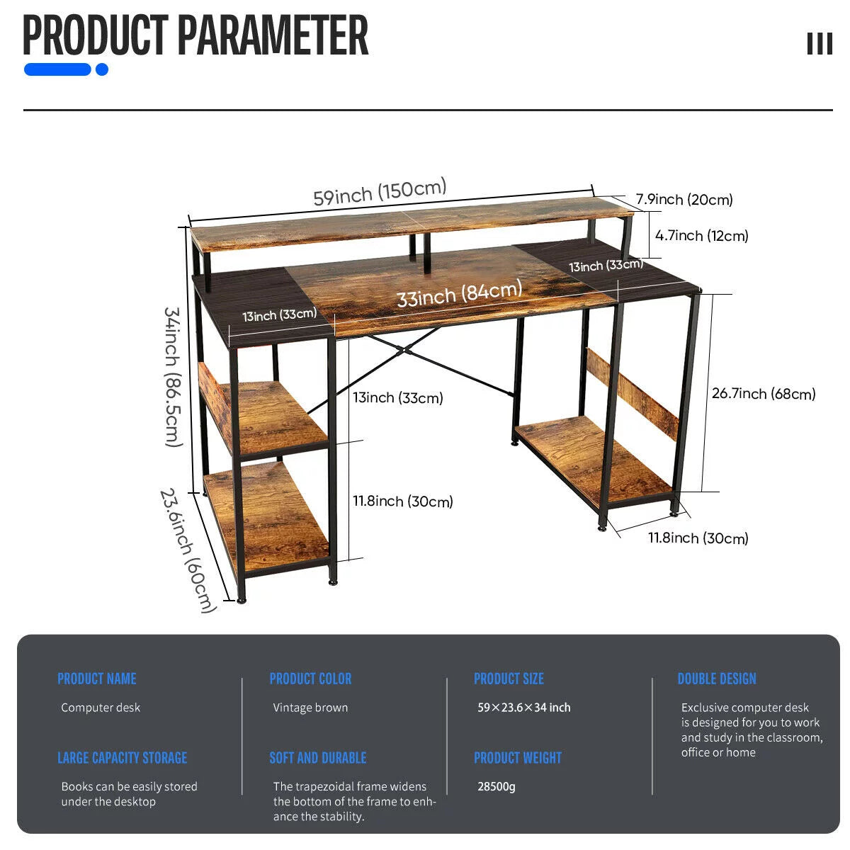 Computer Desk with Monitor Stand & Shelves D8027