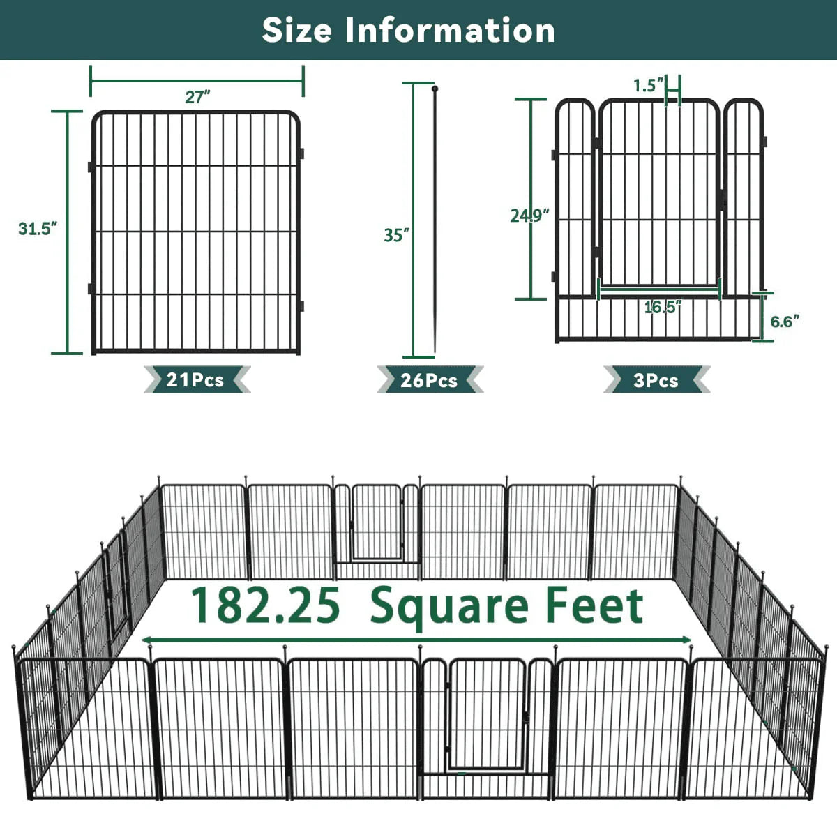 24 Panels 54ft x 32in Black Metal Garden Fence with 2 Gates K410652