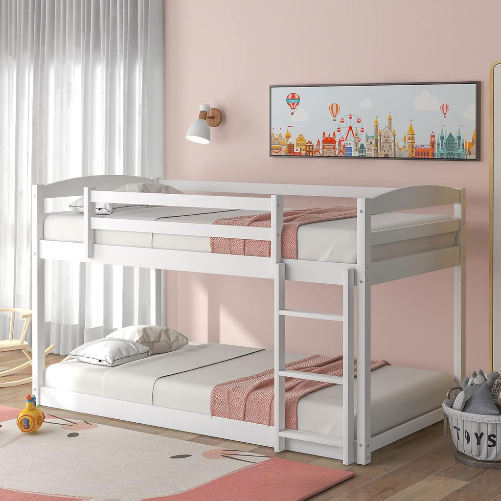 Gray Solid Wood Twin Over Twin Bunk Bed Frame with Ladder and Guardrails J231237