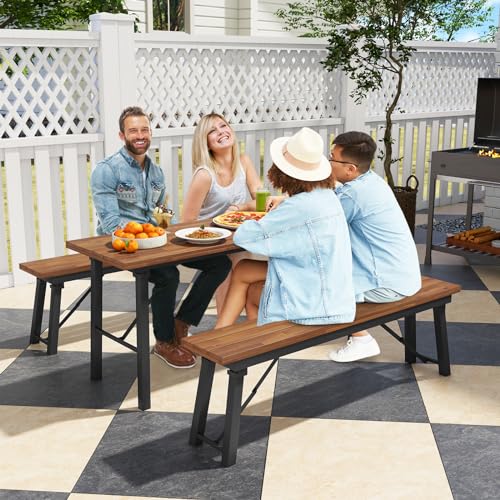 Foldable 59 Inches Narrow Outdoor Dining Table with Benches D925363