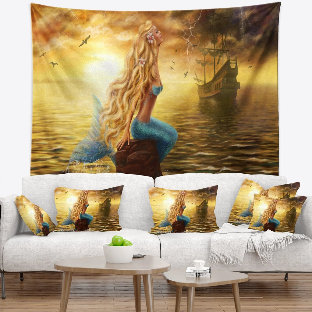 Sea Mermaid with Ghost Ship Seascape Wall Tapestry Q9011