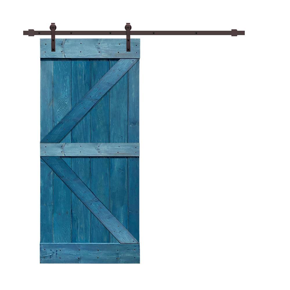 Ocean Blue Stained Wood Interior Sliding Barn Door with Hardware Kit Z5790