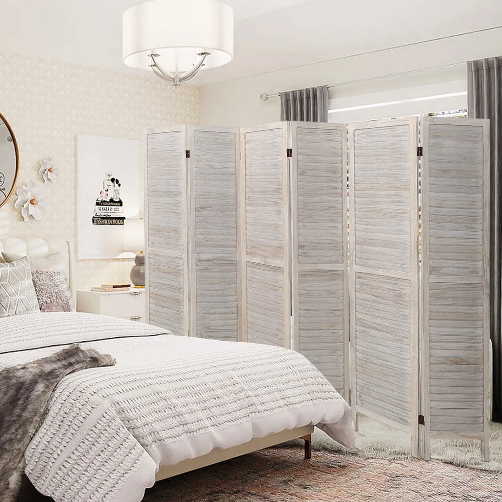 6 Panel Louver-Design Wood Room Divider Folding Screen 5.6 Ft Tall White X939