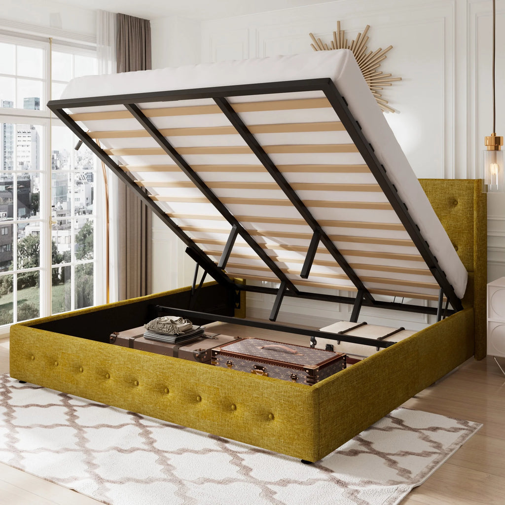 Queen Size Lift Up Storage Bed Frame with Wingback Headboard D6581