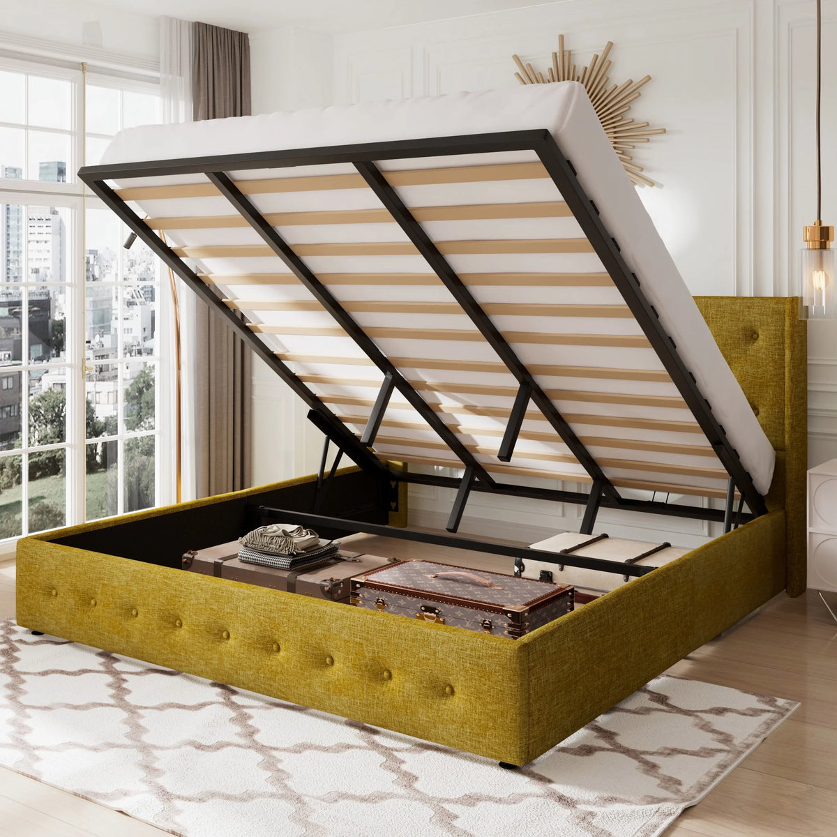 Queen Size Lift Up Storage Bed Frame with Wingback Headboard D6581