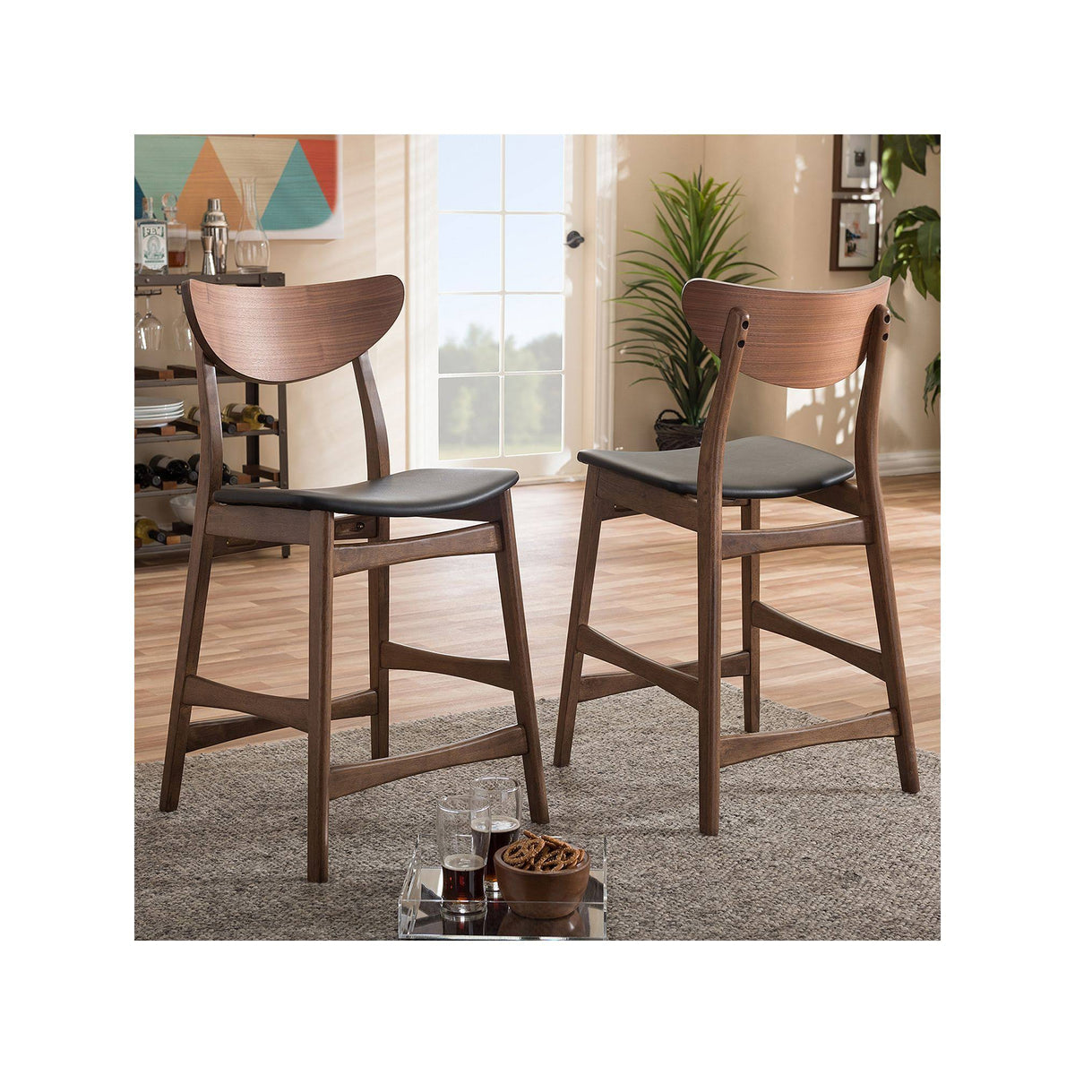Faux Leather Counter Stool, Set of 2, Black O89548