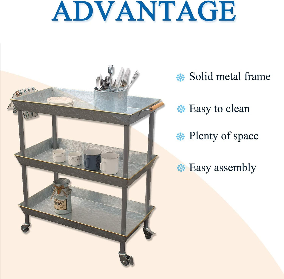 3 Tier Galvanized Metal Utility Cart with Wheels H5221