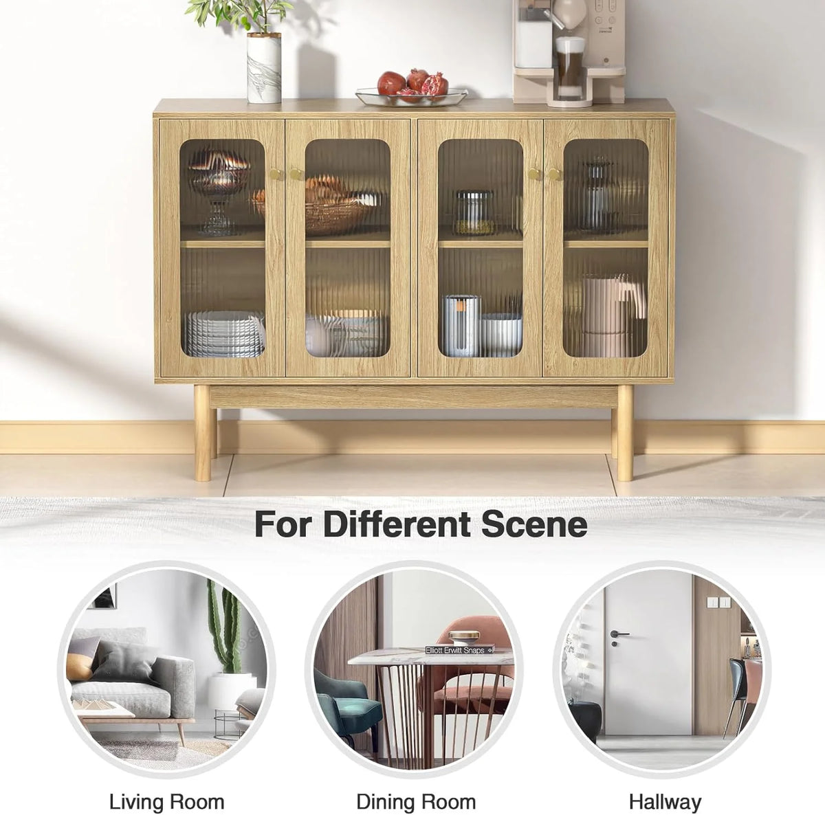 4 Door Wood Buffet Cabinet with Glass Door and Adjustable Shelves V140713