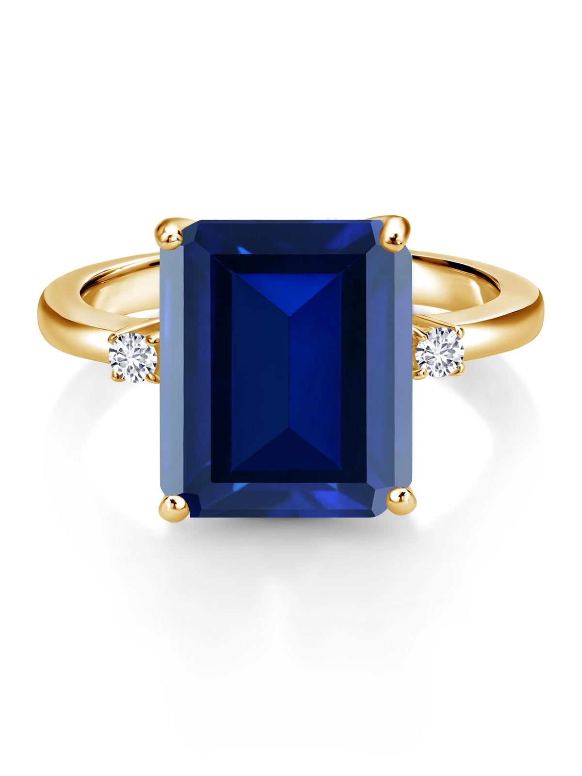 18K Yellow Gold Plated Silver Blue Simulated Sapphire and White Lab Grown Diamond 3 Stone Engagement Ring E135