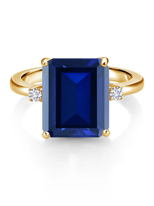 18K Yellow Gold Plated Silver Blue Simulated Sapphire and White Lab Grown Diamond 3 Stone Engagement Ring E135