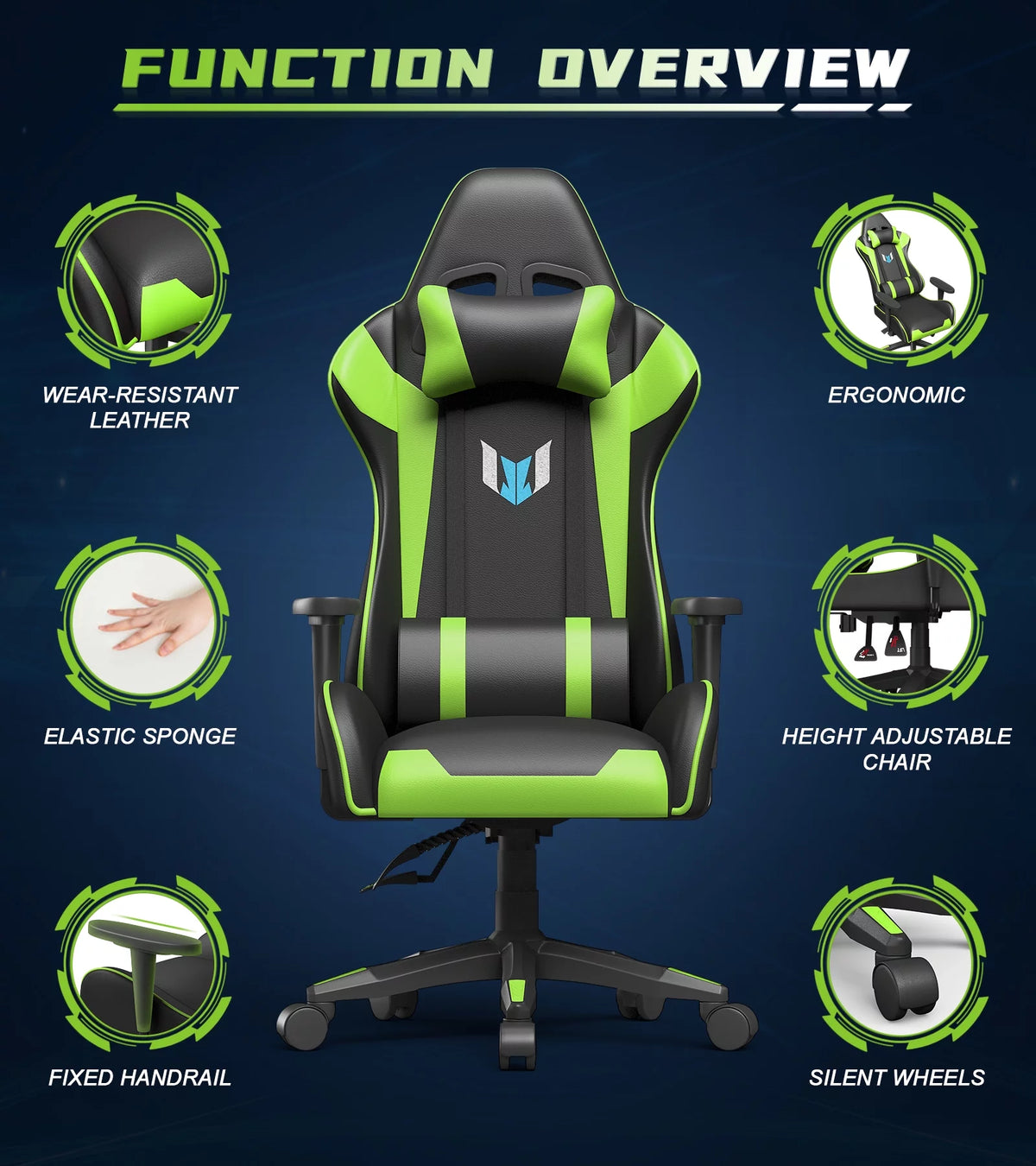 Black Green Gaming Chair with Headrest and Lumbar Support Z406