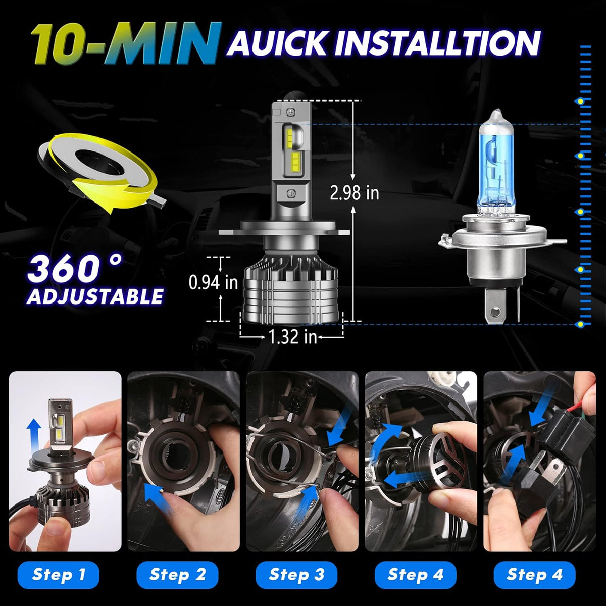 LED Headlight Bulbs Conversion Kit 6500K Cool White IP68 Waterproof, Pack of 2 J6018