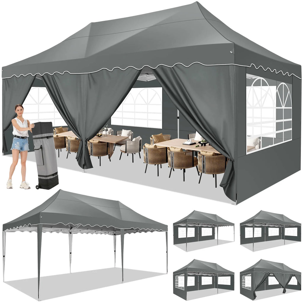 10' x 20' Pop Up Canopy Tent with 6 Removable Sidewalls, Carry Bag, 4 Sandbags, Gray L841