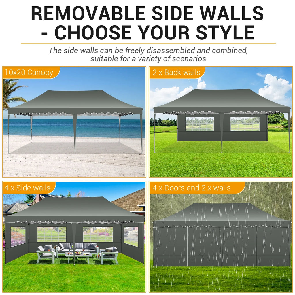 10' x 20' Pop Up Canopy Tent with 6 Removable Sidewalls, Carry Bag, 4 Sandbags, Gray L841