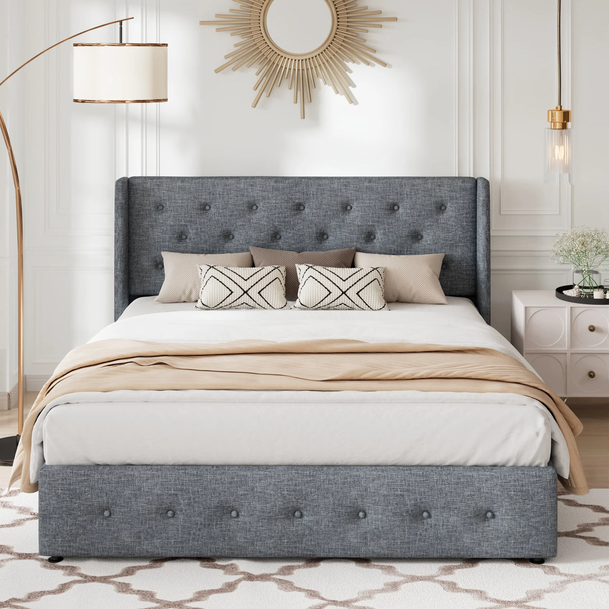 Queen Size Lift Up Storage Bed Frame with Wingback Headboard D6581