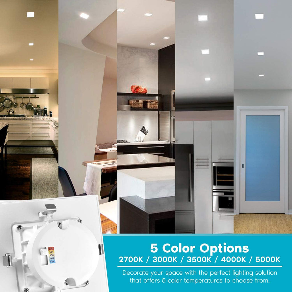 4 Inch Square Recessed LED Can Lights, Selectable CCT, Dimmable, 750 Lumens, CRI 90, Wet Rated (4 Pack) A747