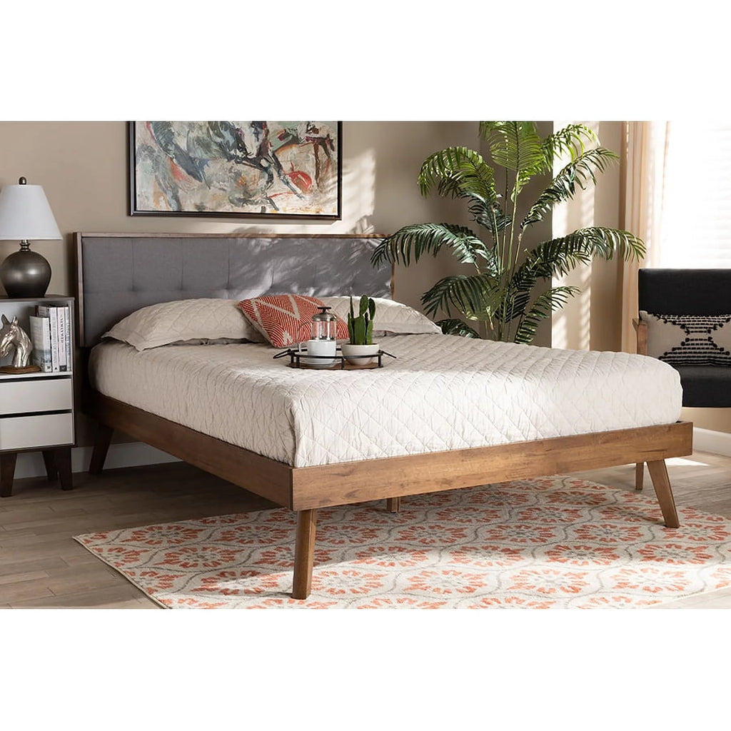 Light Grey Fabric Upholstered Walnut Brown Wood Queen Size Platform Bed H10827