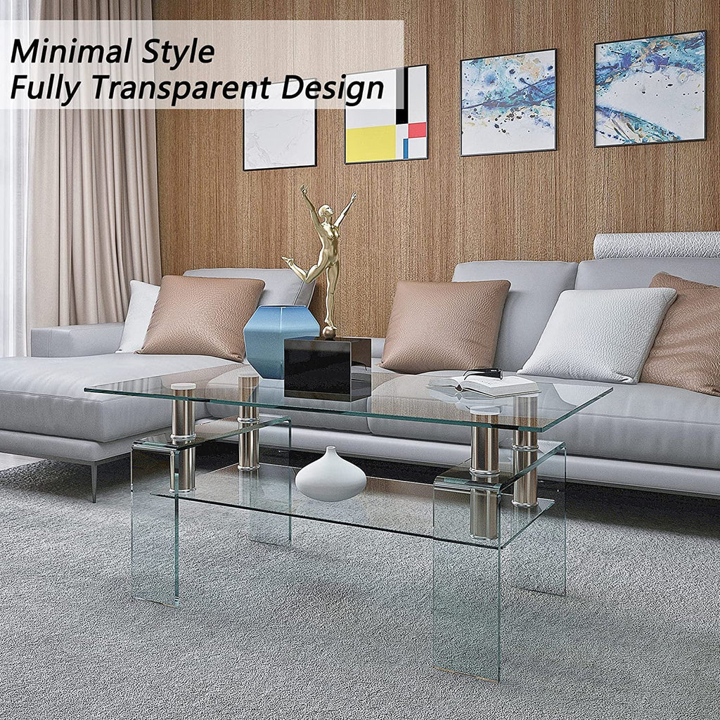 Glass Coffee Table End Table Sets of 3 with Storage Metal Leg X6323