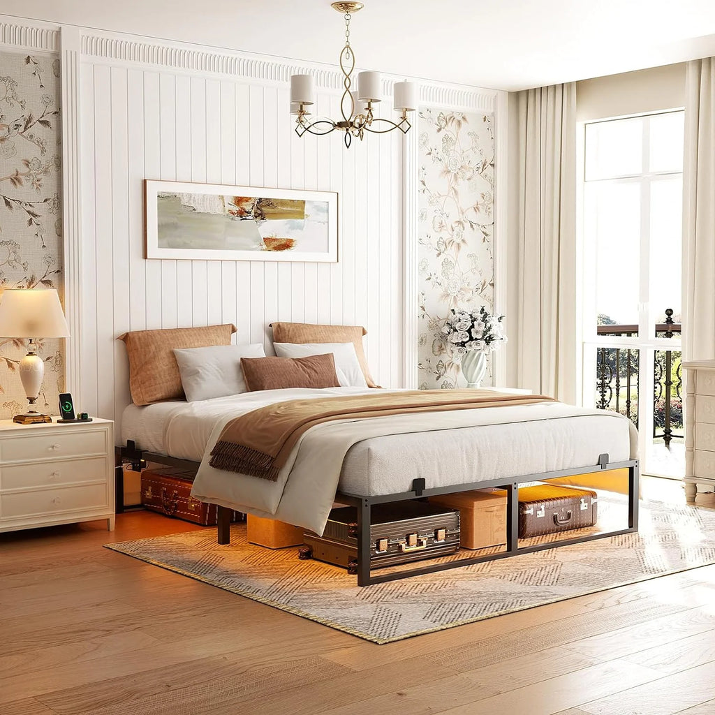 14 Inch Queen Size Metal Platform Bed Frame with Charging Station and LED Lights U4870