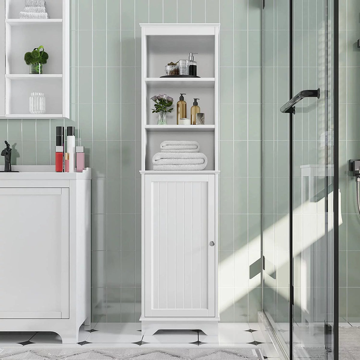 Tall White Bathroom Floor Cabinet with 3 Shelves G3134