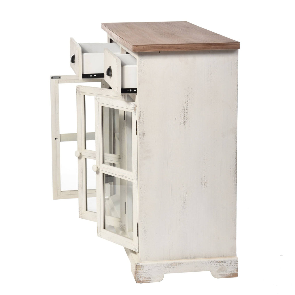 3 Door 2 Drawer Shabby Chic Window Pane Cabinet Antique White Natural E16568