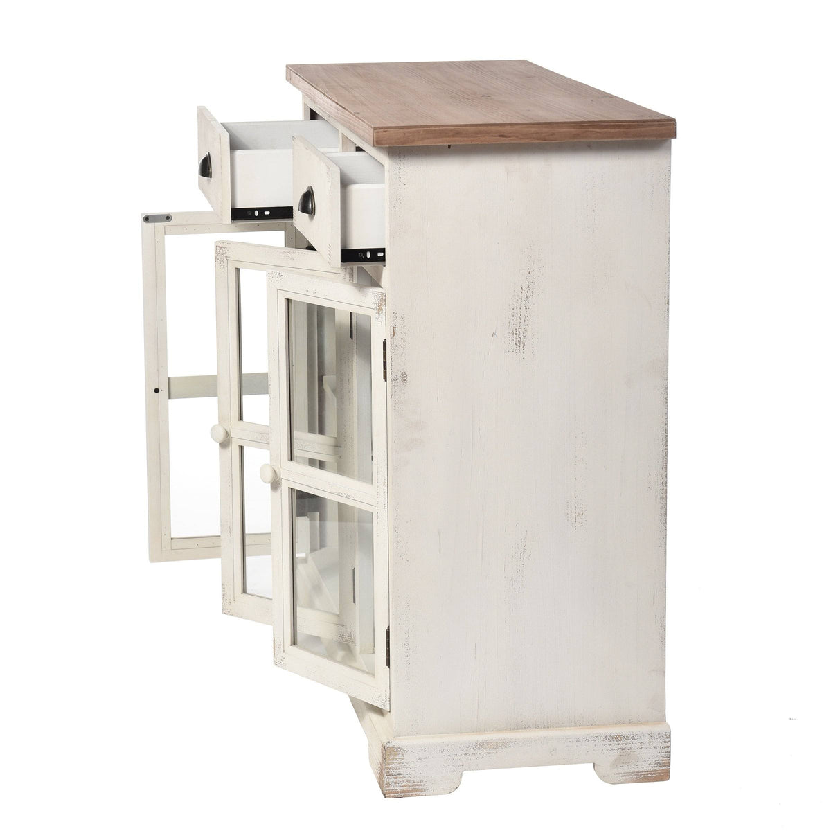 3 Door 2 Drawer Shabby Chic Window Pane Cabinet Antique White Natural E16568