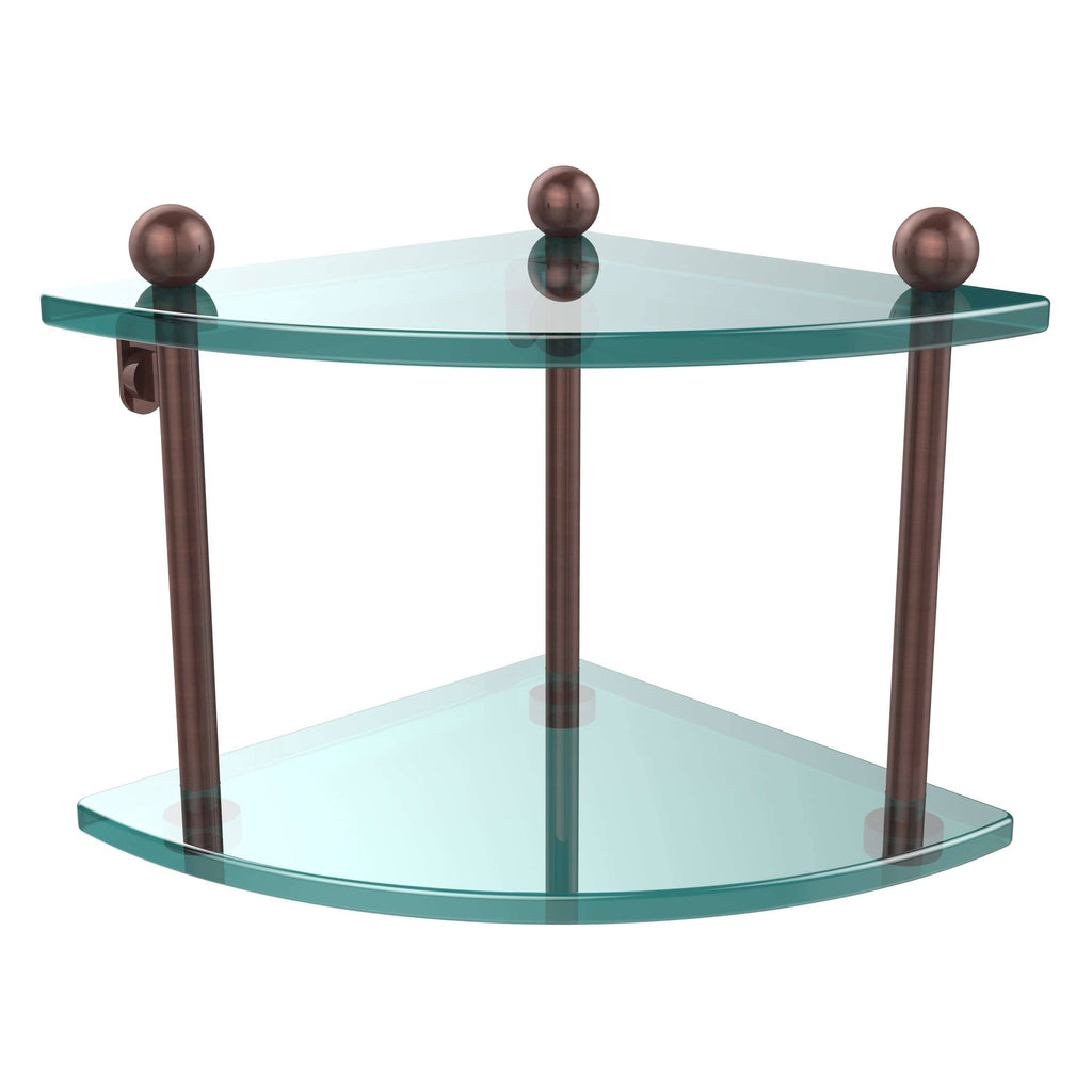 Two Tier Corner Glass Shelf Antique Copper I99646