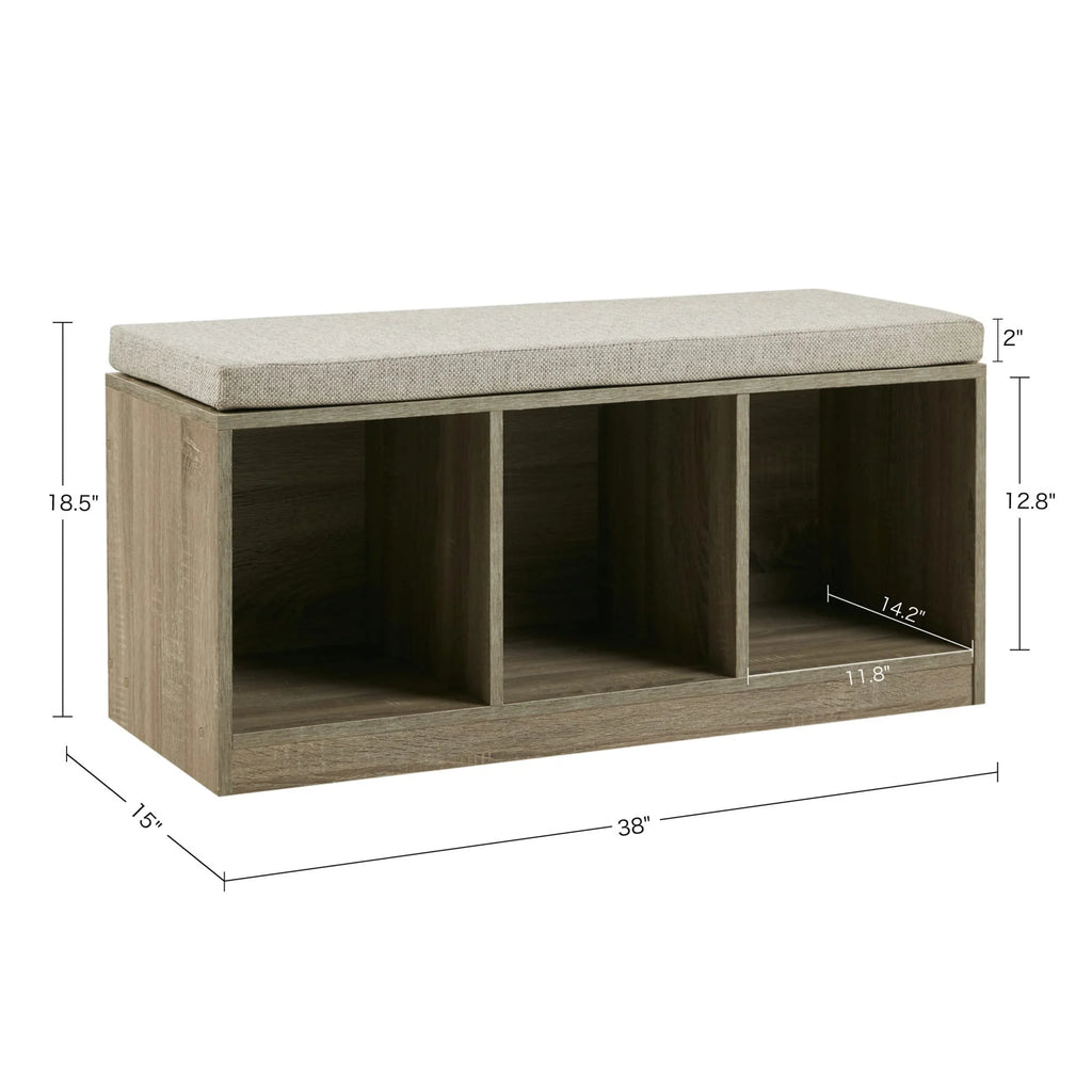 3 Cube Gray Wood Storage Bench with Upholstered Seat Cushion V517829