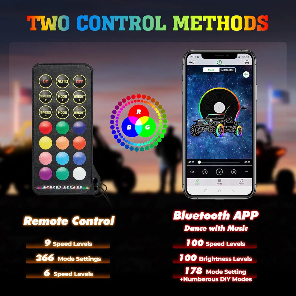 LED Whip Lights with Bluetooth and Flag Pole, 366+ Lighting Modes RGB, 2pcs 3ft O6108