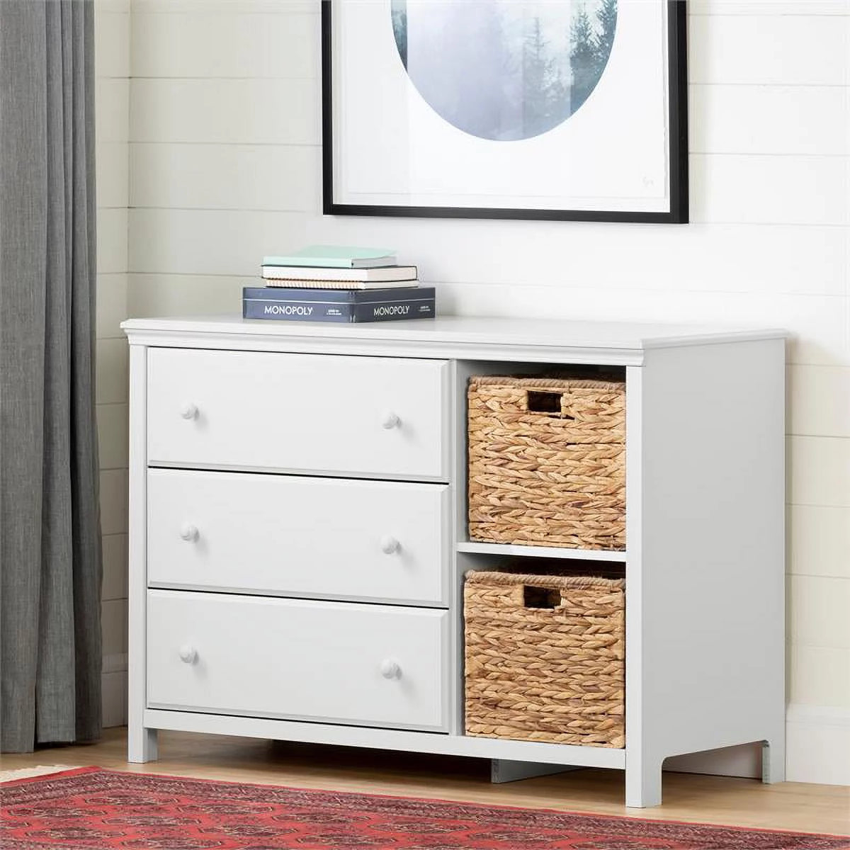 White 3 Drawer Wood Dresser with Basket F542