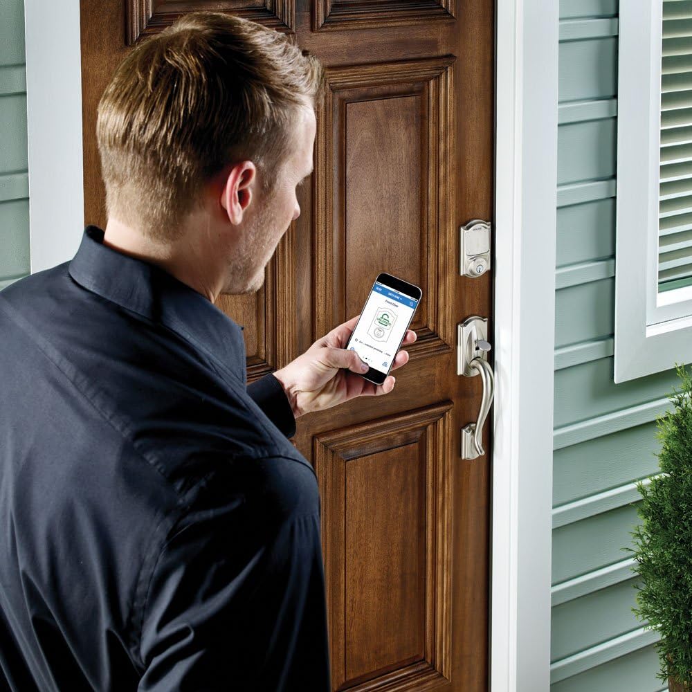 Satin Nickel Smart Deadbolt with Camelot Trim & Front Entry Handleset with Left Hand Lever K65485