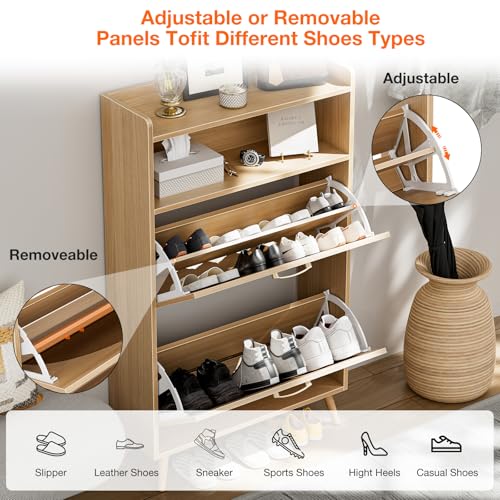 Natural LED Rattan Wood Shoe Storage Cabinet with 2 Flip Drawers H6831