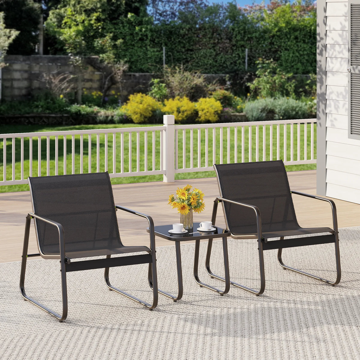 Patio Chairs Set with Glass Coffee Table and Gray Cushion B7215