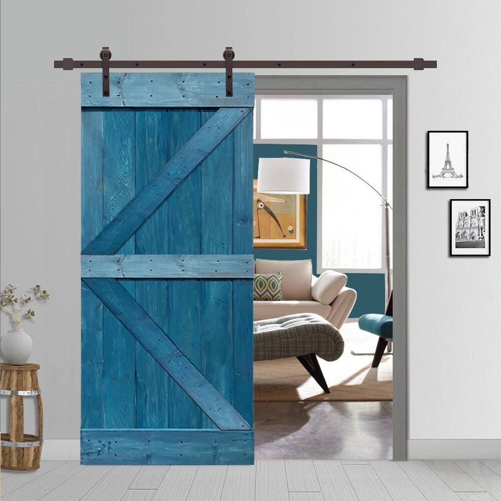 Ocean Blue Stained Wood Interior Sliding Barn Door with Hardware Kit Z5790