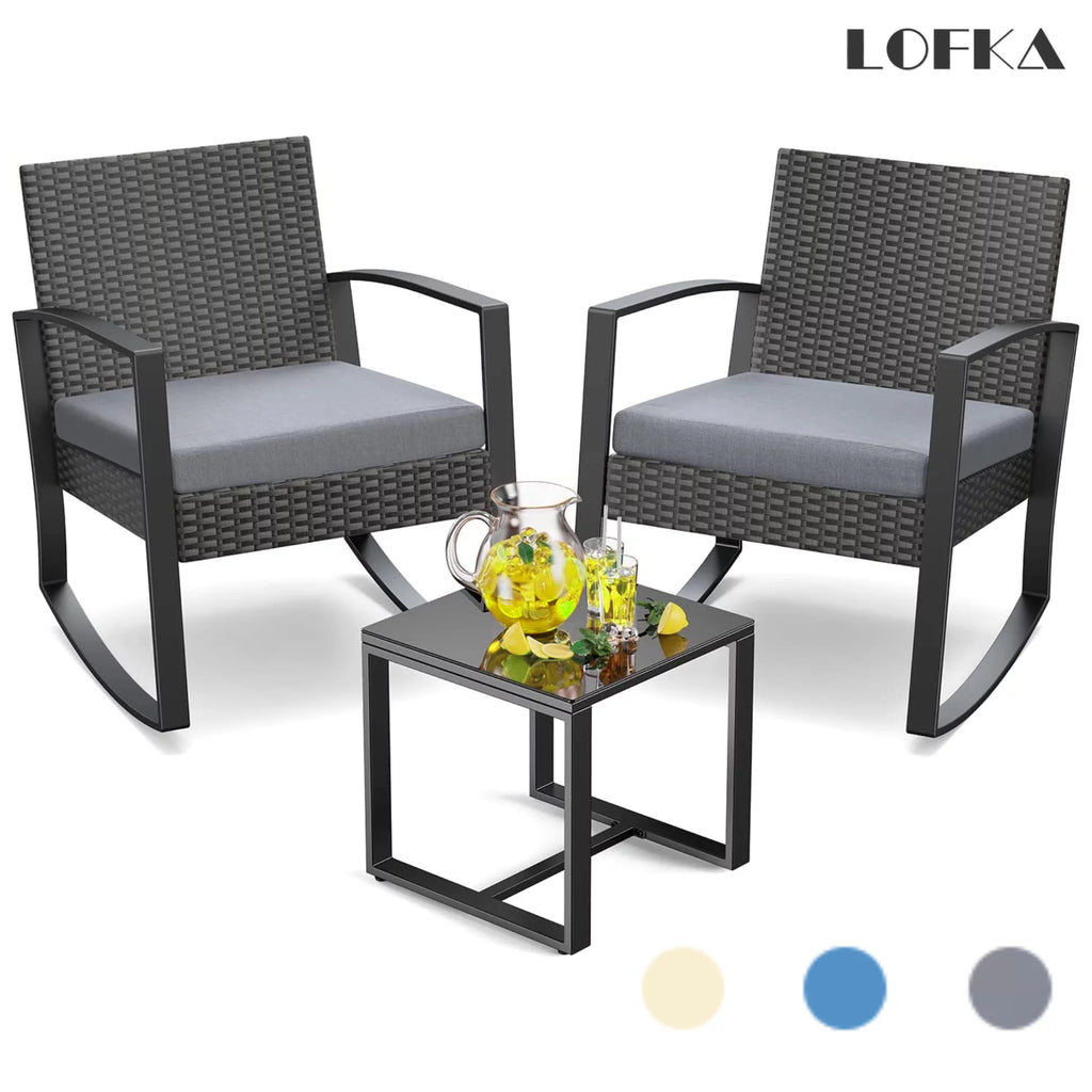 Patio Chairs Set with Glass Coffee Table and Gray Cushion B7215