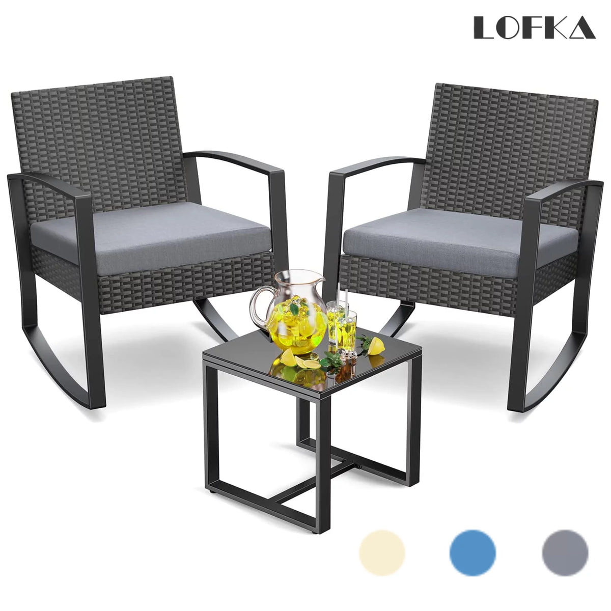 Patio Chairs Set with Glass Coffee Table and Gray Cushion B7215