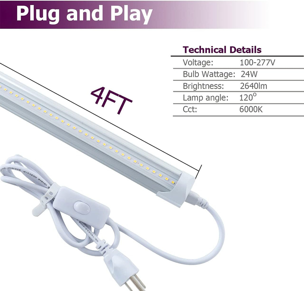 6 Pack 4FT 24W 6500K Cool White LED Shop Light with Plug Cable F649829