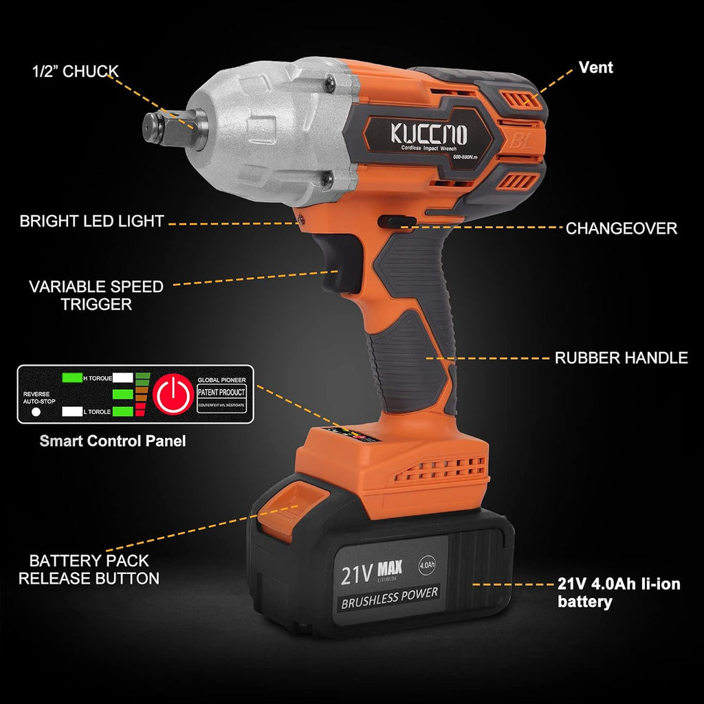 21V Cordless Impact Wrench Kit 4.0Ah Li-ion Battery P9040