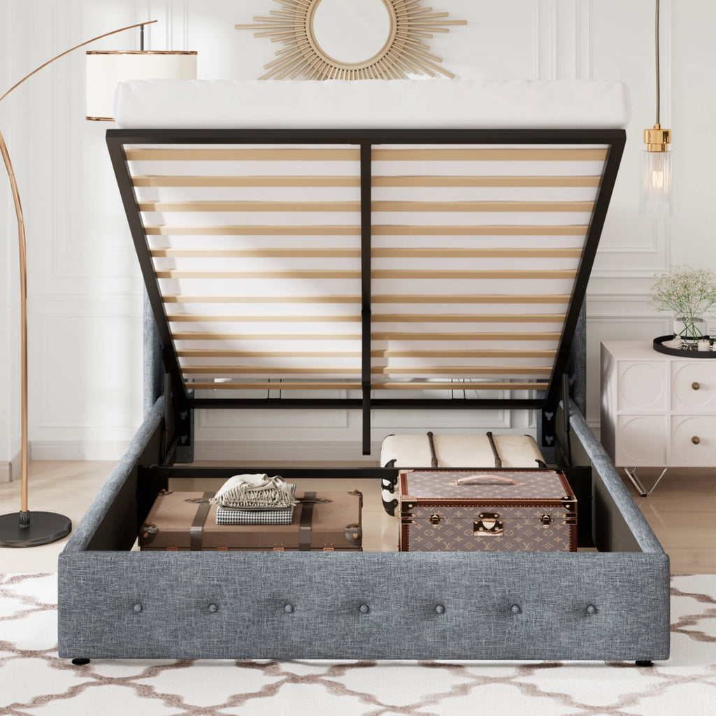 Queen Size Lift Up Storage Bed Frame with Wingback Headboard D6581